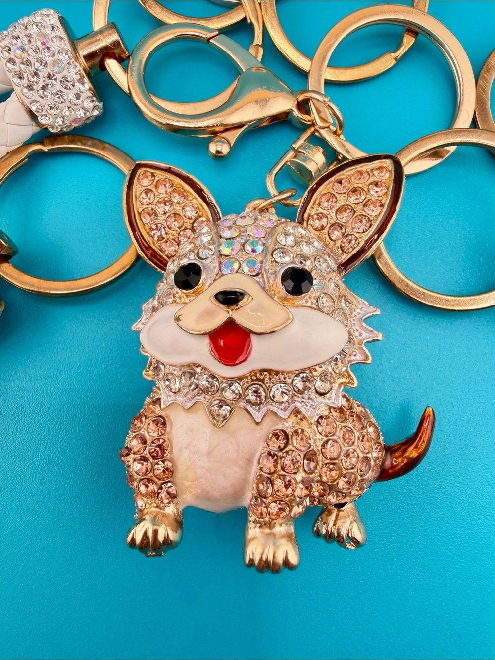 🐶 White & Gold CORGI PUPPY DOG Crystal Rhinestone Bag Charm /Keychain + Key Ring